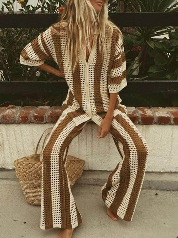 Alicia - Trendy Two Piece Striped Shirt and Pant Set