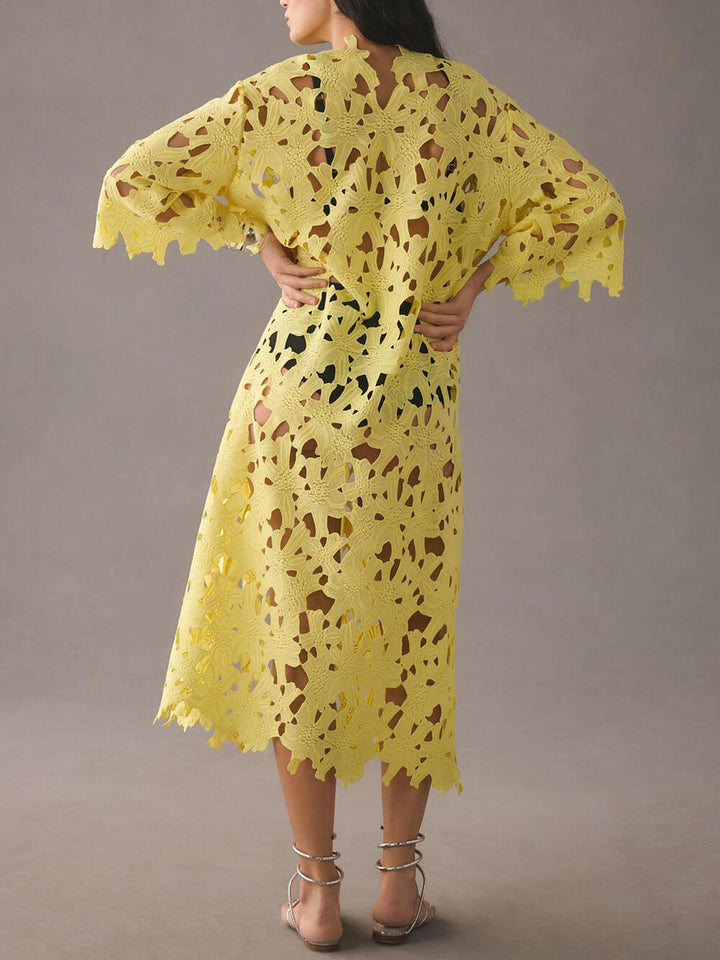 Raquel - Floral Eyelet Long Sleeve Midi Dress