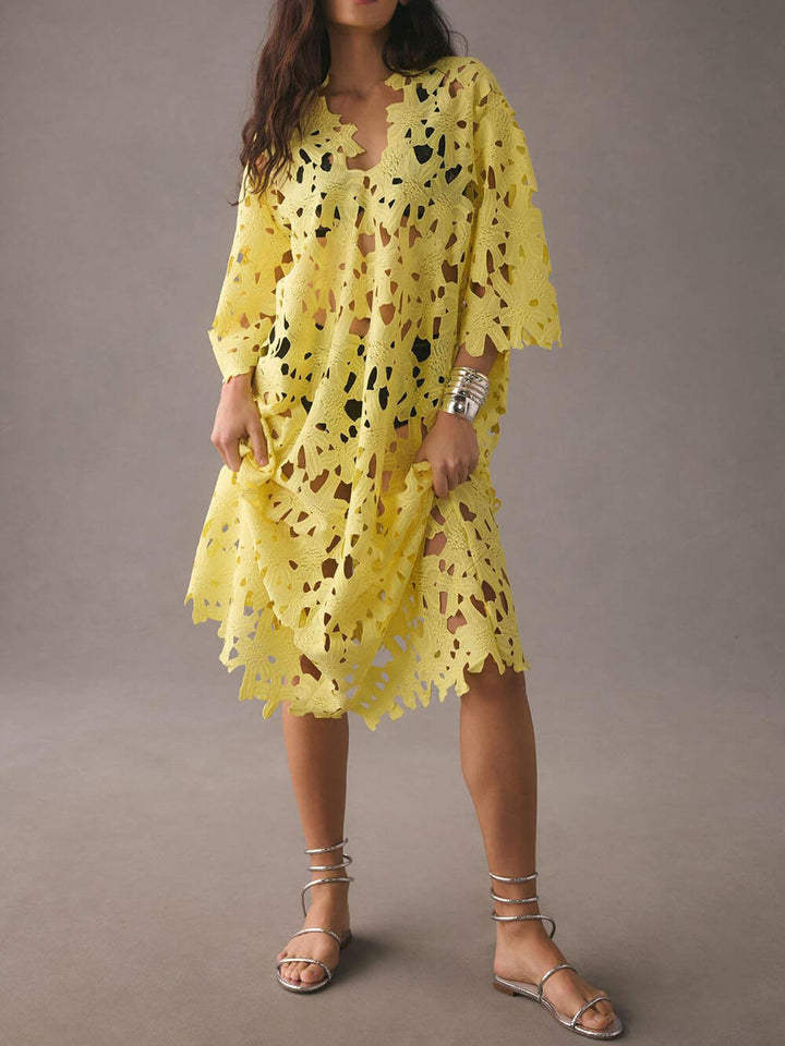 Raquel - Floral Eyelet Long Sleeve Midi Dress