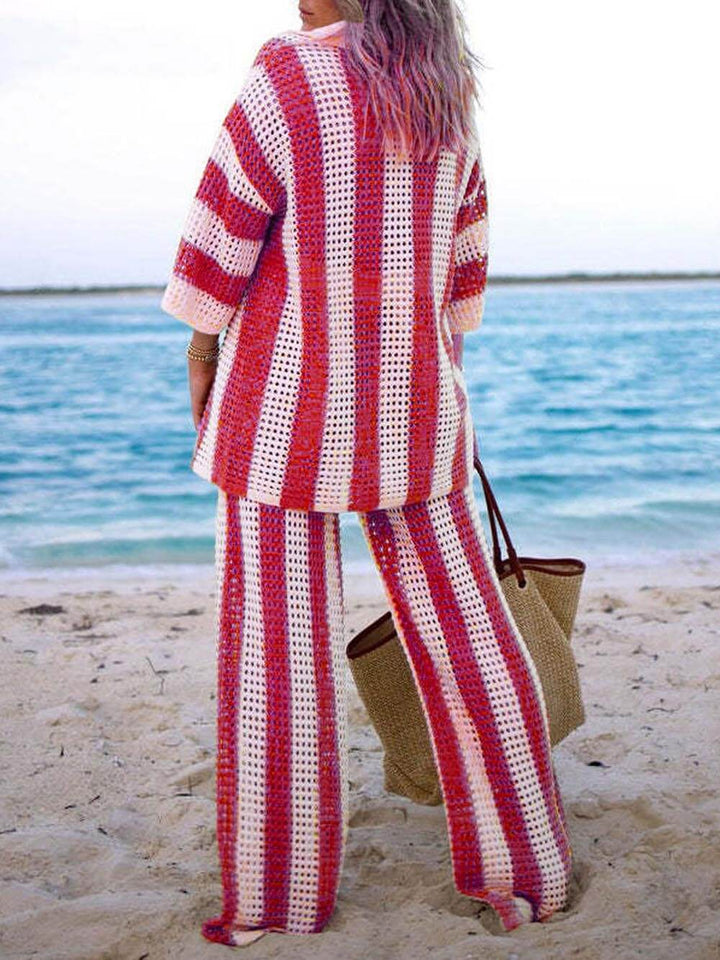 Alicia - Trendy Two Piece Striped Shirt and Pant Set