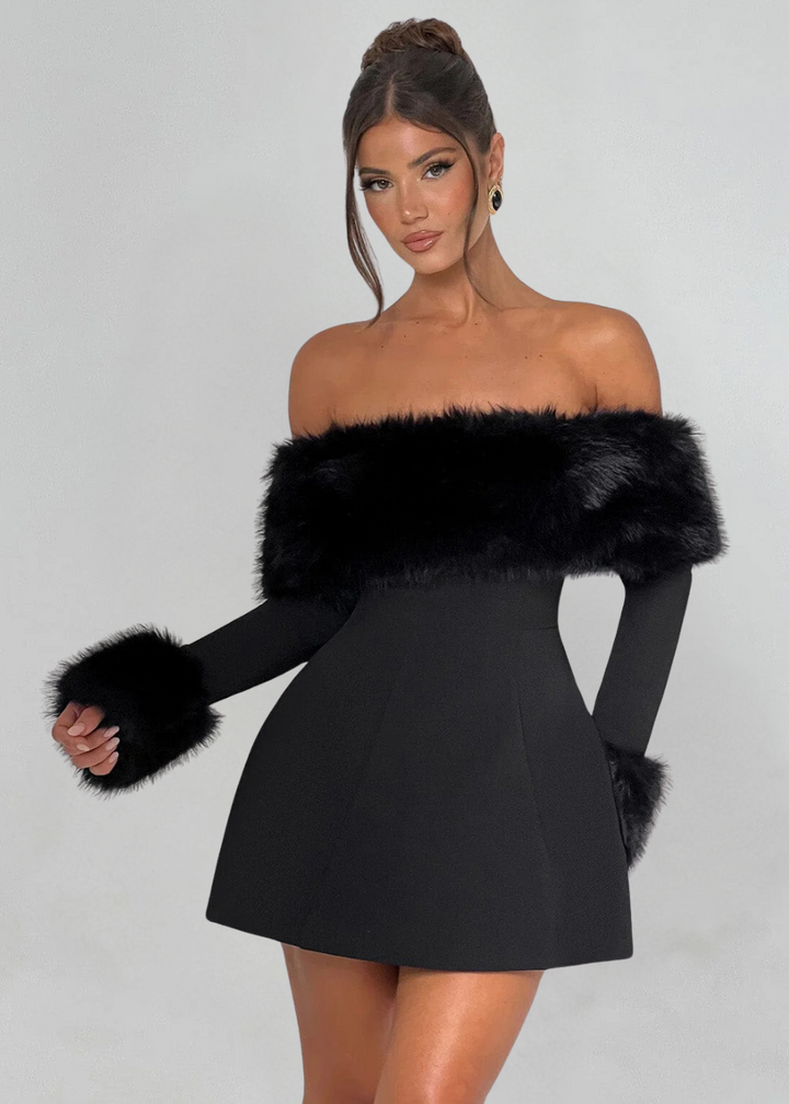 Selina Off-Shoulder Fur Sleeve Mini Dress