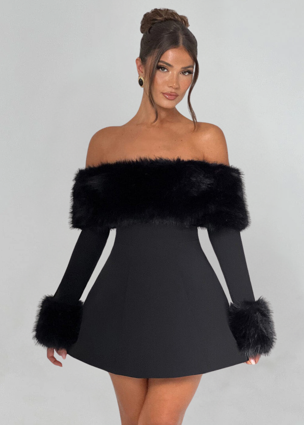 Selina Off-Shoulder Fur Sleeve Mini Dress