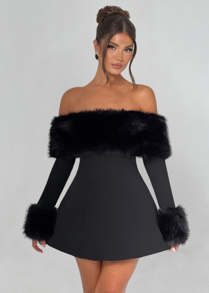 Selina Off-Shoulder Fur Sleeve Mini Dress