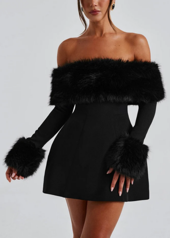 Selina Off-Shoulder Fur Sleeve Mini Dress
