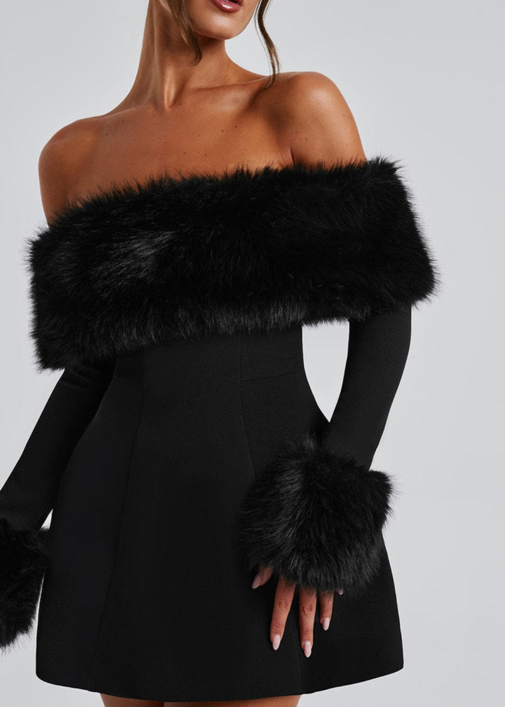 Selina Off-Shoulder Fur Sleeve Mini Dress