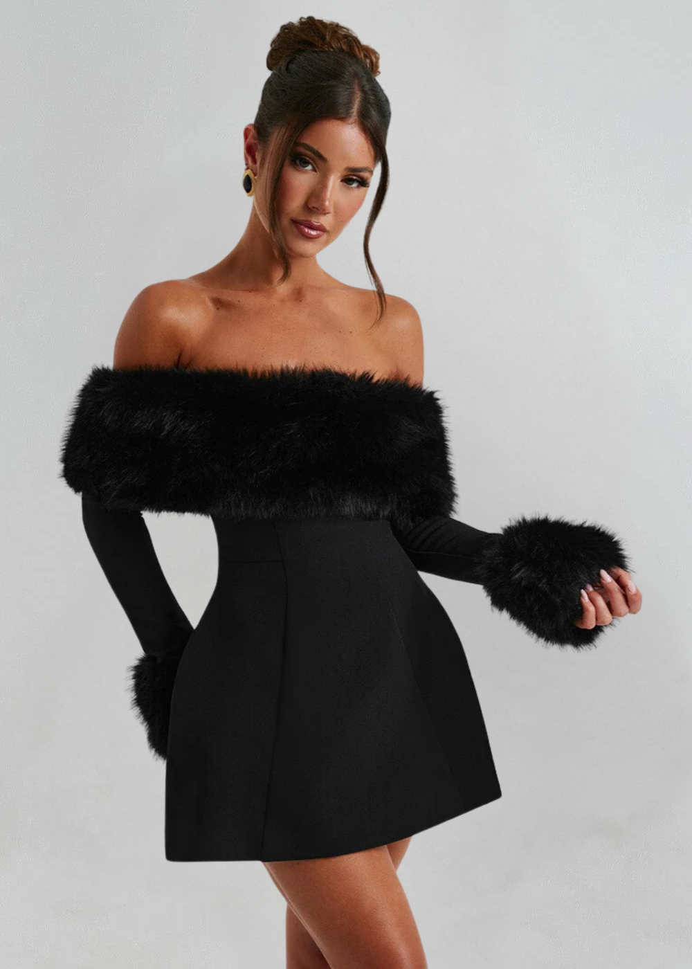 Selina Off-Shoulder Fur Sleeve Mini Dress