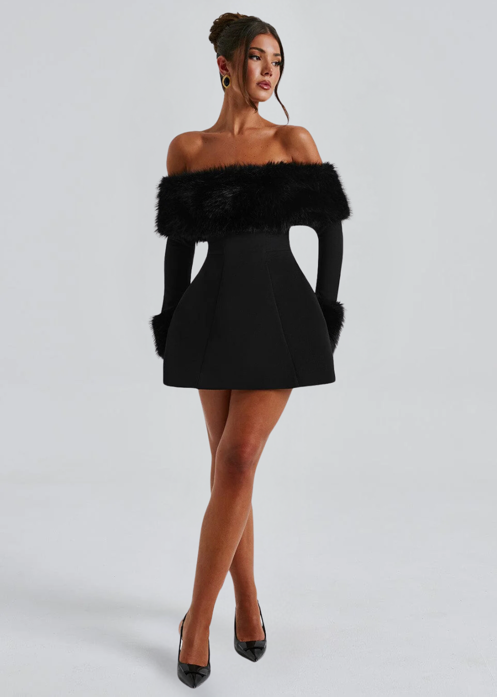 Selina Off-Shoulder Fur Sleeve Mini Dress