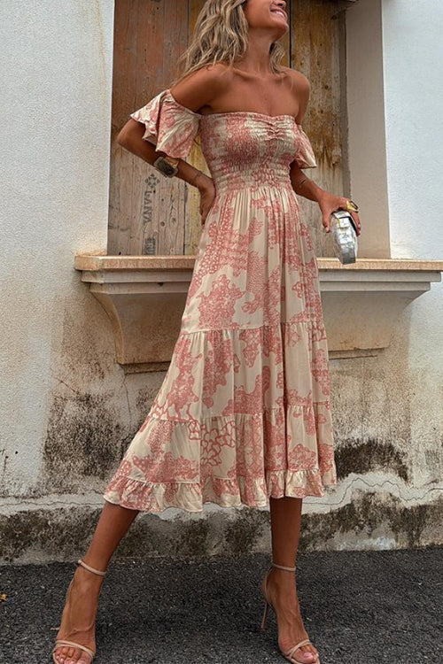 Vee - Off-Shoulder Smocked Midi Dress