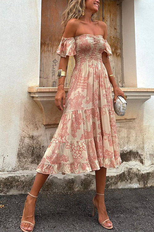 Vee - Off-Shoulder Smocked Midi Dress