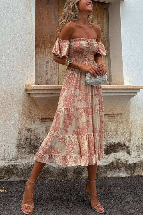 Vee - Off-Shoulder Smocked Midi Dress