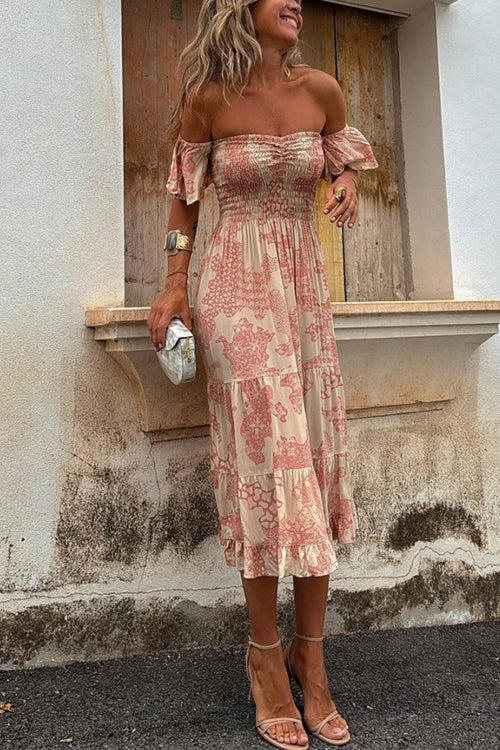 Vee - Off-Shoulder Smocked Midi Dress