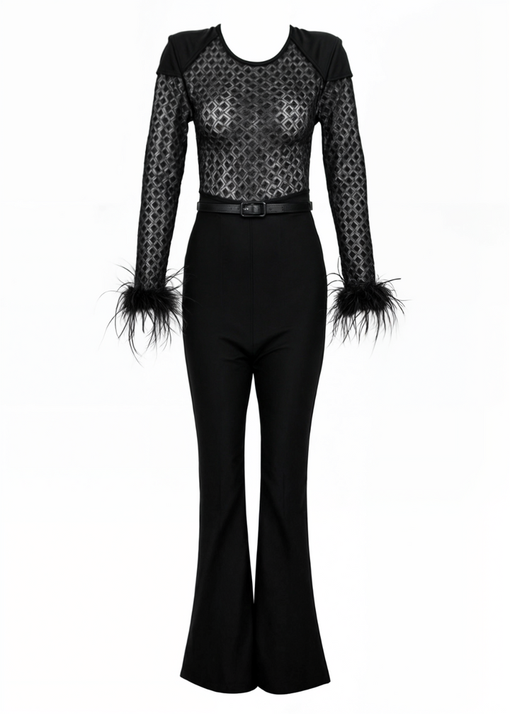 Cassandra Fur Sleeves Lace Slim Fit Jumpsuit