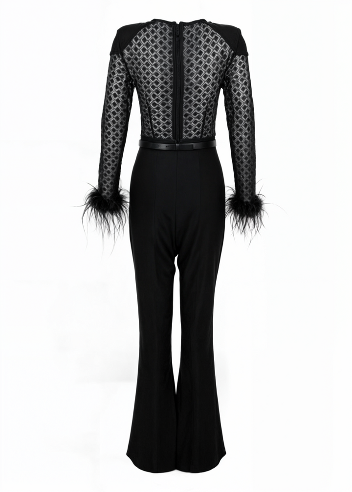 Cassandra Fur Sleeves Lace Slim Fit Jumpsuit