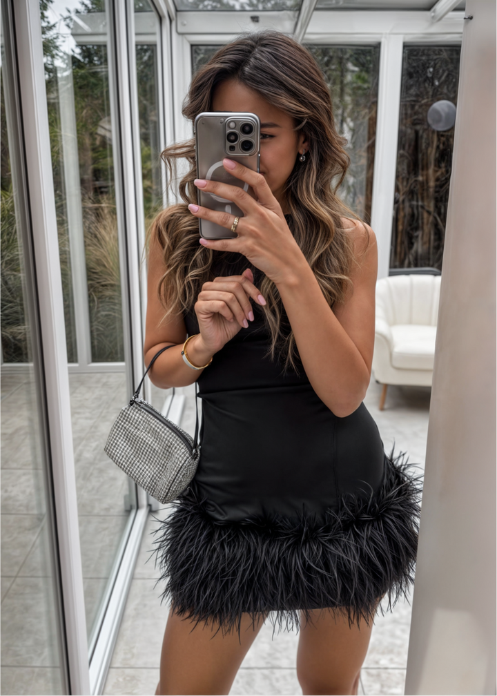 Elysia Feathered Patchwork Mini Dress