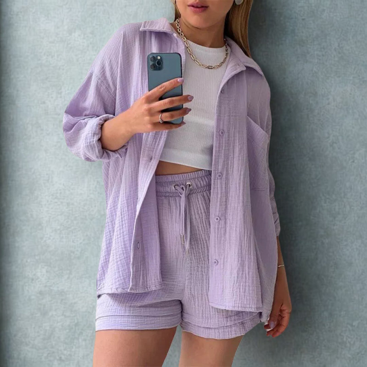 Kate - Two Piece Cotton Shirt And Shorts Set
