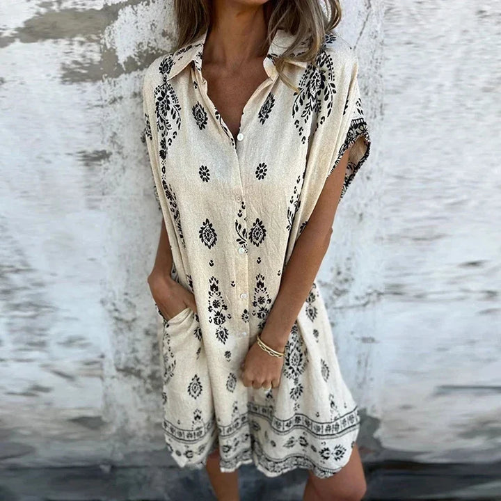 Isa™ - Buttoned Pocket Cotton Midi Dress